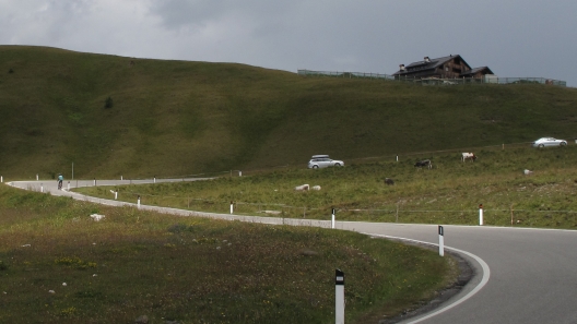 The last few switchbacks before Passo Giau wind through lush pastures.