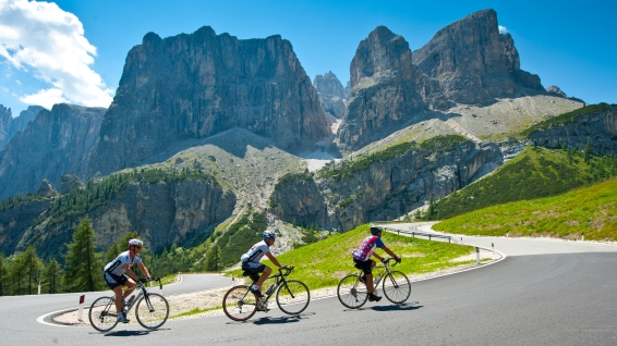Riding up the switchbacks toward Passo Gardena, Cortina, Italy