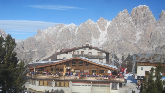 Rifugio Faloria with a light dusting of snow above Cortina, Italy.