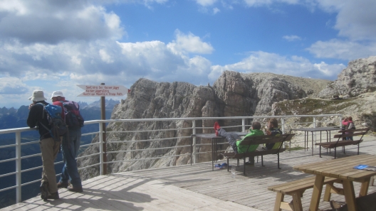 Relaxing at Rifugio Lagazuoi after hiking from passo Falzarego.
