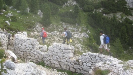 View of Sella group and passo Pordoi while hiking toward passo Valparola.