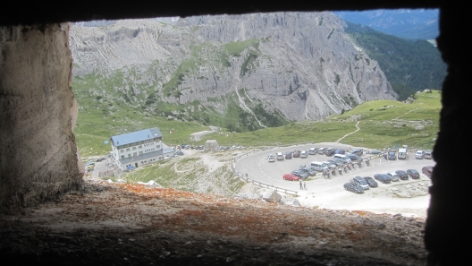 Rifugio Auronzo from World War 1 bunker in Tre Cime di Lavaredo, Cortina, Italy.